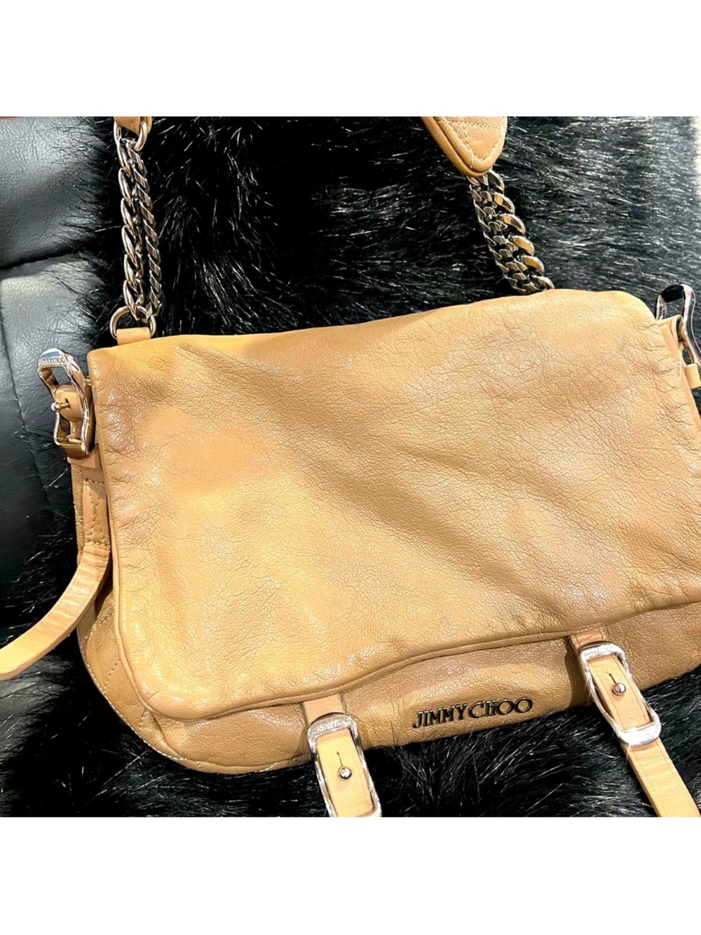 Jimmy Choo Beige/Tan Leather Shoulder Bag with Chain Strap